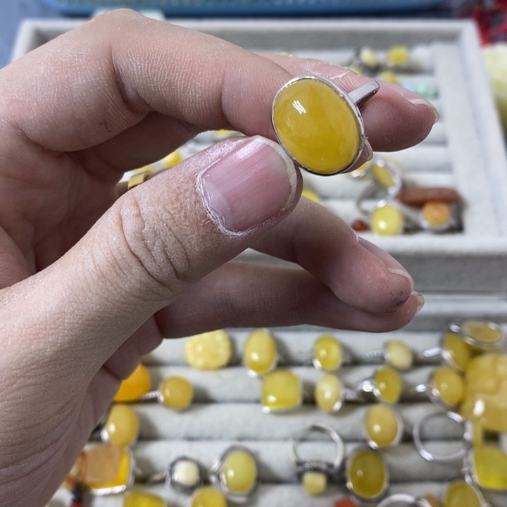 蜜蜡裸石银S925镶嵌戒指