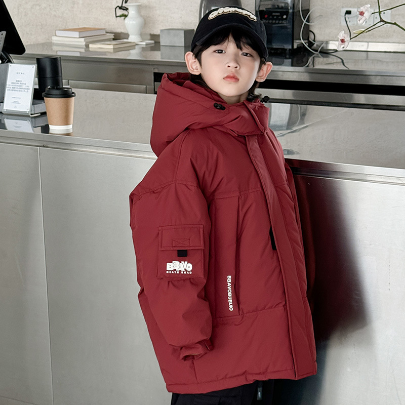 巴拉童年红色羽绒服白鸭绒冬季2025新款儿童加厚工装外套大男孩潮