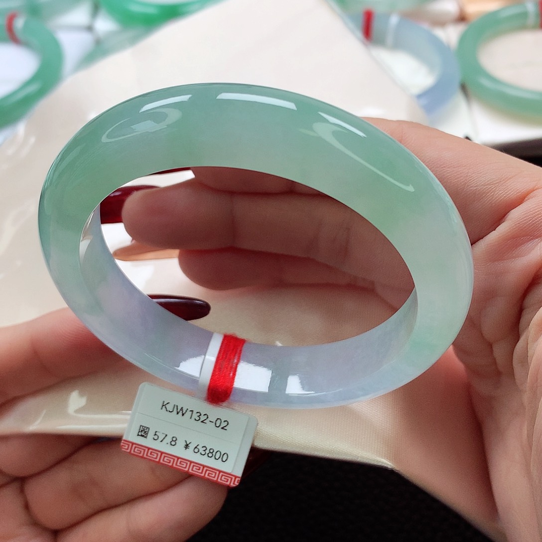 翡翠手镯未镶嵌57.58.59冰绿冰紫淡春彩 宽版 半山水