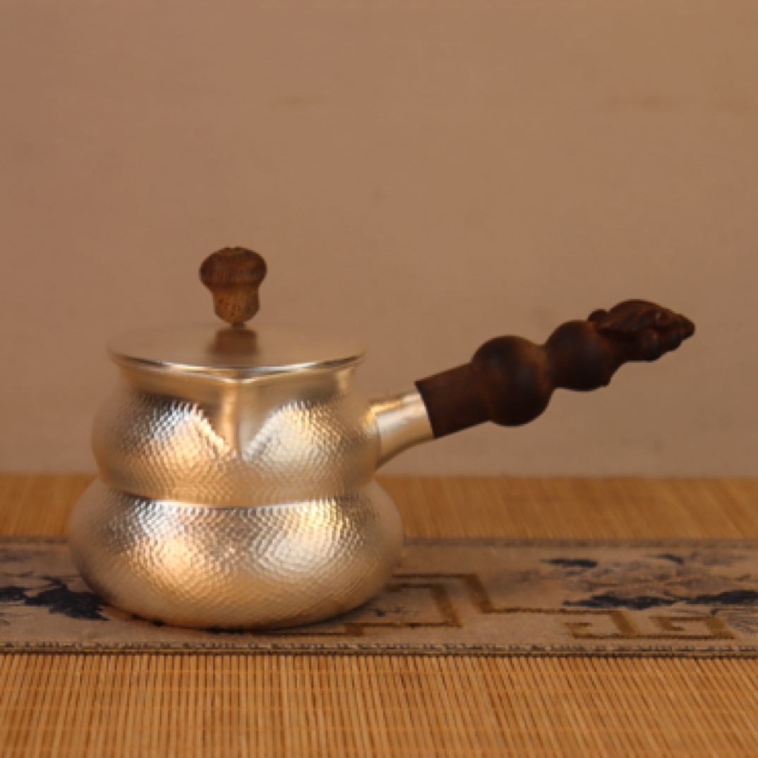 手工锤纹葫芦型侧把银壶煮茶壶分茶器茶水分离