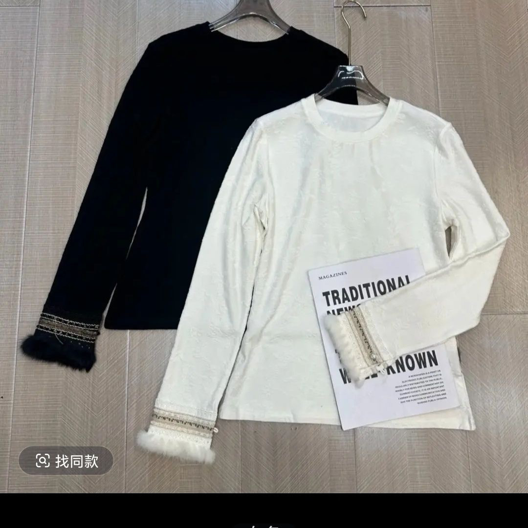 新中式国风提花长袖上衣女圆领袖口内搭打底衫