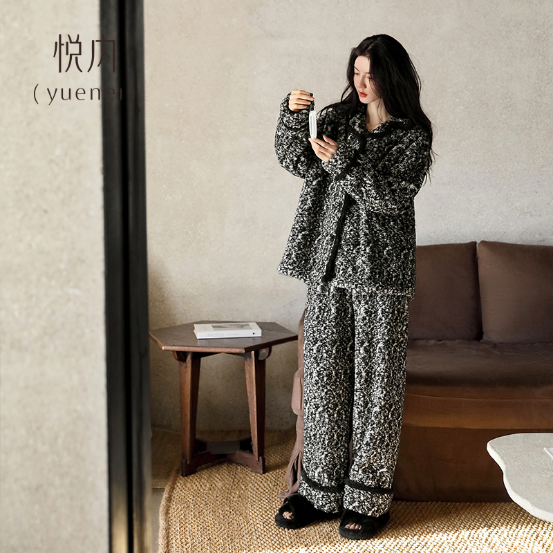 悦内睡衣女款冬季秋冬法兰绒加绒加厚珊瑚绒家居服保暖可外穿出门