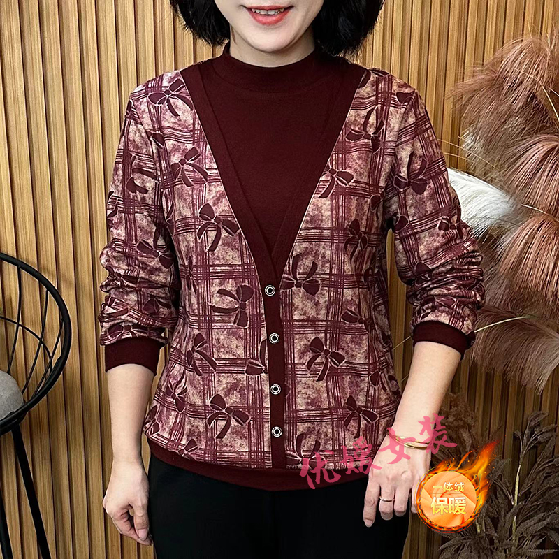 中老年女装秋冬保暖蝴蝶结印花半高领假两件显瘦妈妈装长袖上衣