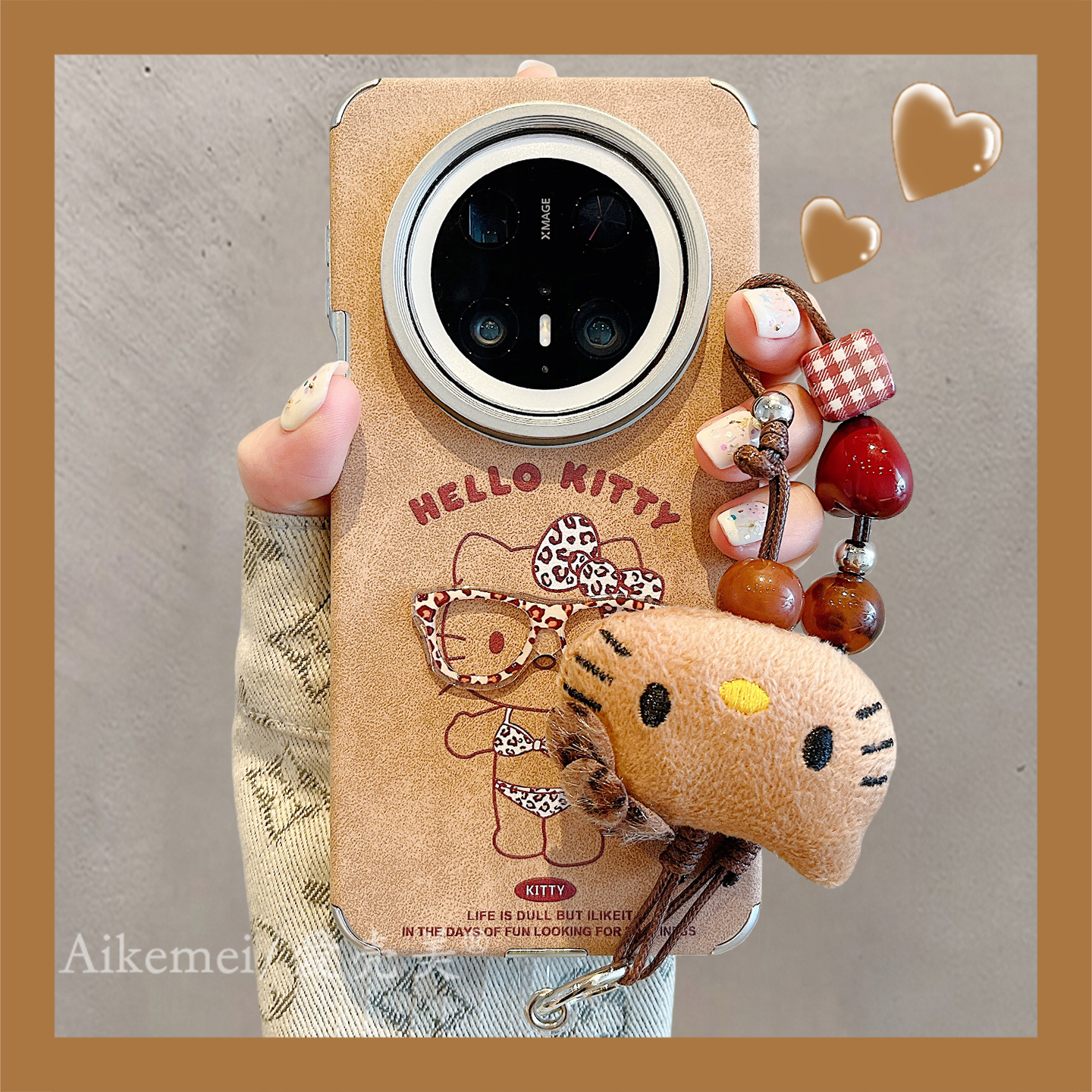 适用华为mate70pro+手机壳棕色皮质Mate60pro+豹纹比基尼kt猫链条