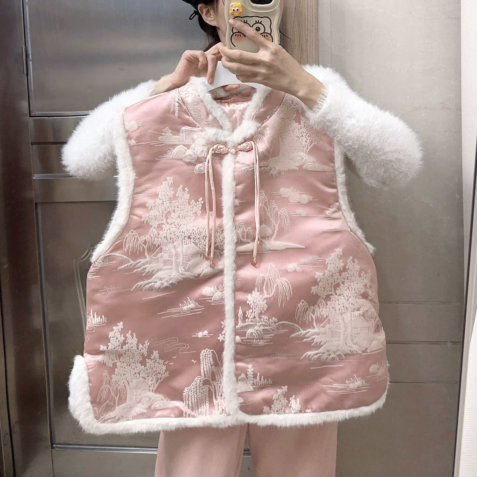粉色提花新中式冬季马甲女2025新款立领拼水貂毛复古夹棉坎肩唐装
