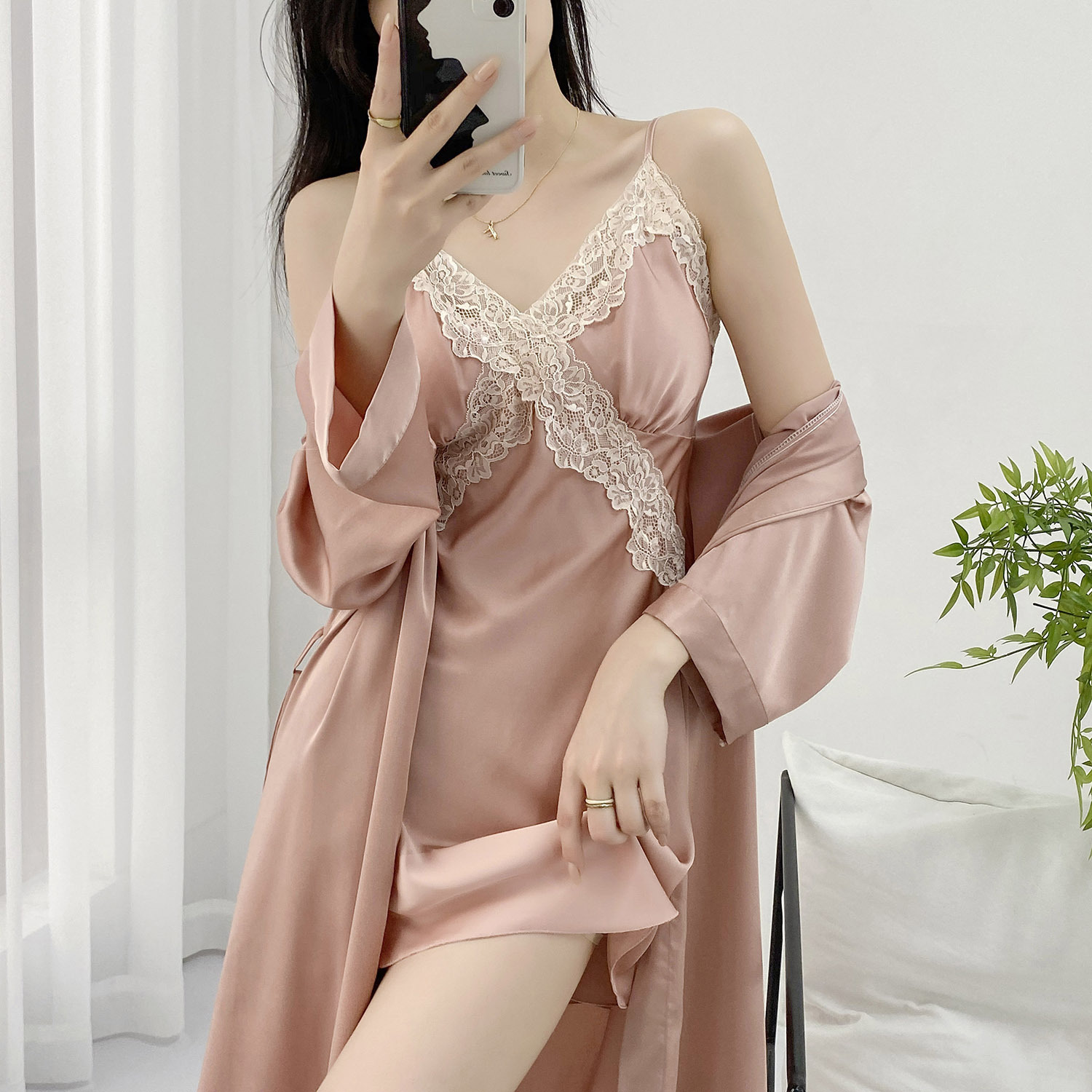 【80-145斤】Adult toys纯欲性感睡衣女夏冰丝吊带睡裙两件套装