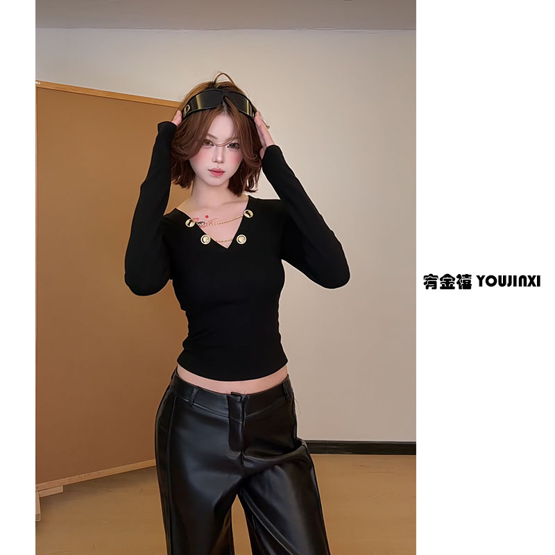 【宥金禧YOUJINXI】辣妹性感深V领设计感轻奢时髦T恤女修身长袖上衣