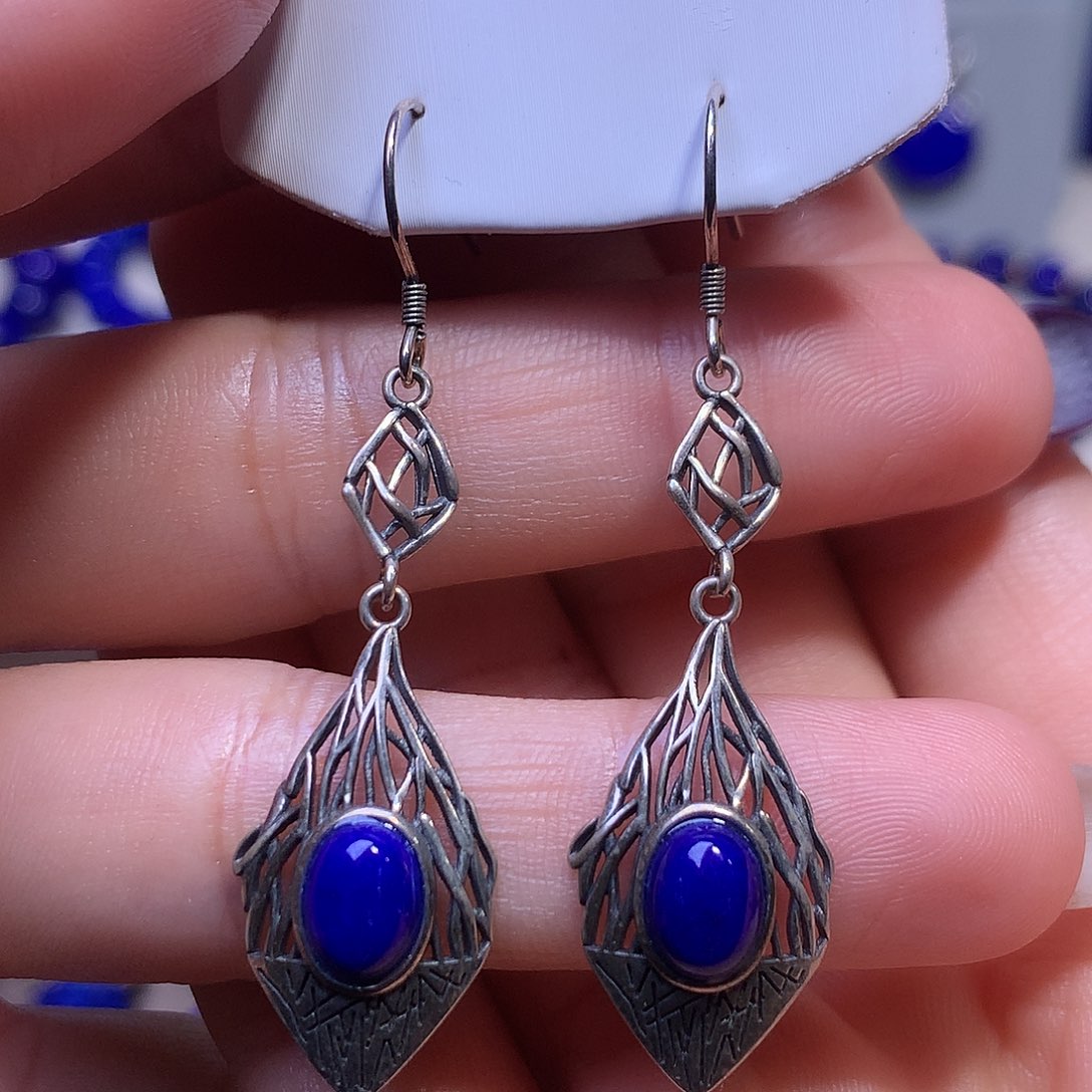 青金石银S925镶嵌耳饰