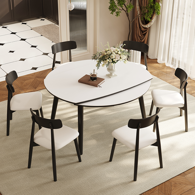 久隆家具岩板餐桌可伸缩方圆两用小户型家用实木可变方圆吃饭桌