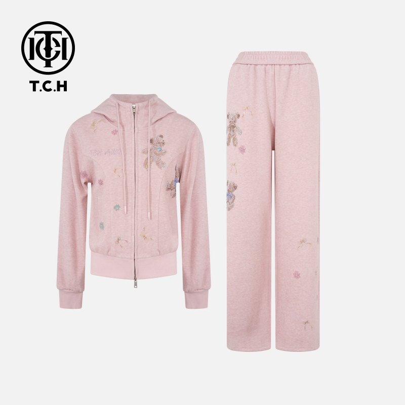 TCH私服秋款慵懒风烫钻时尚淑女粉色时尚套装T75C07E1107轻奢tch