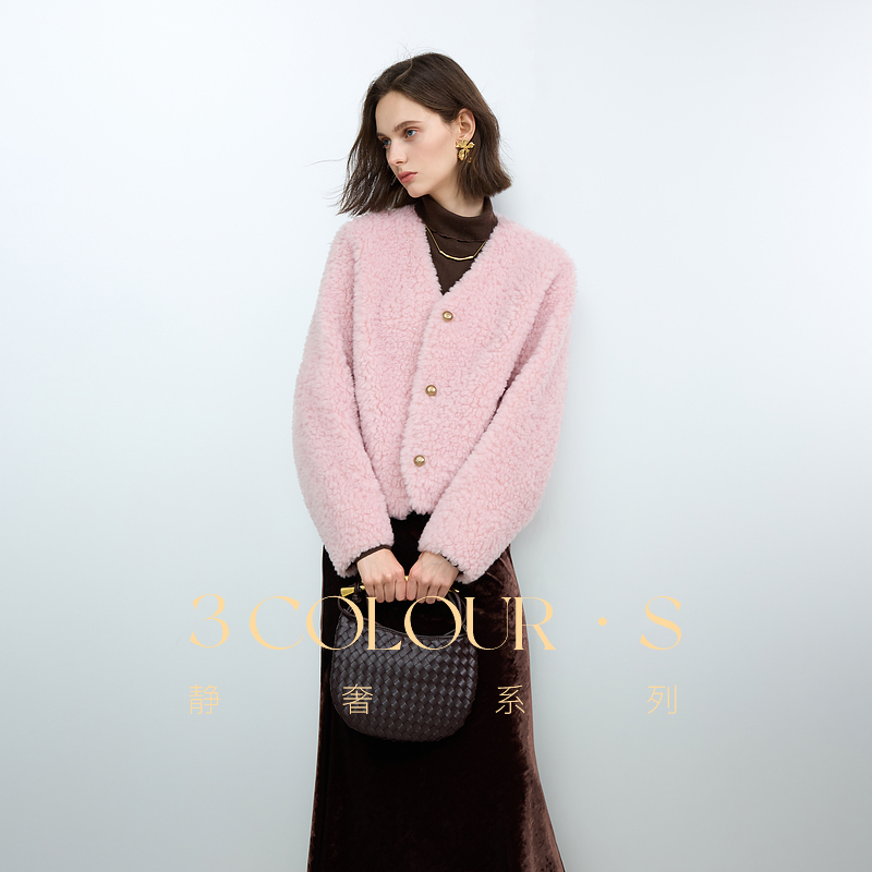 【大叔专享】D394T4002P00三彩女装2024冬季新款绵羊毛皮草颗dbc