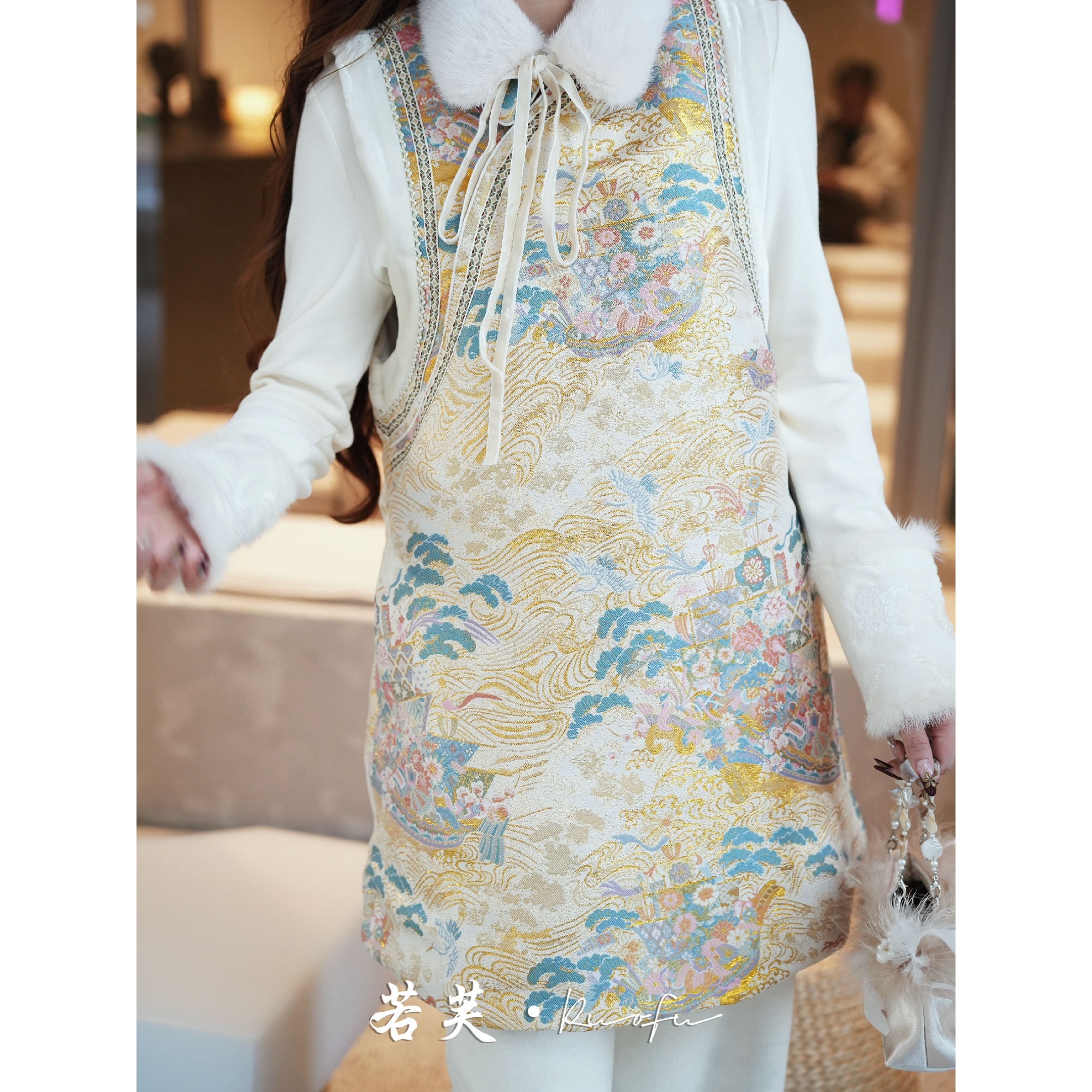 若芙｜【花舟】新中式织锦拼接水貂毛水墨画高定马甲裙