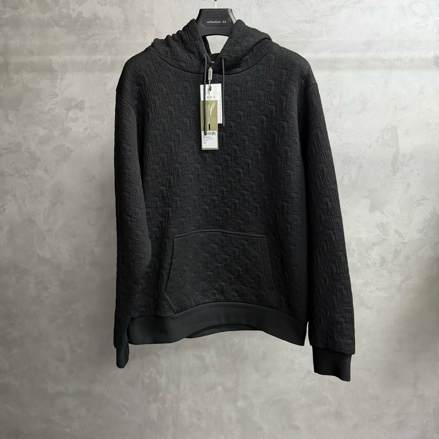 dior 25黑色棉质混纺平纹针织印花抽绳风帽带罗纹长袖卫衣/Xxl