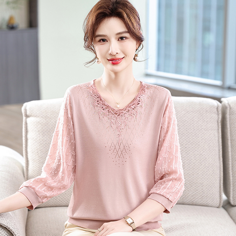 时尚妈妈春夏7分袖绣花蕾丝针织小衫中年女纯色建林纱袖T恤上衣女