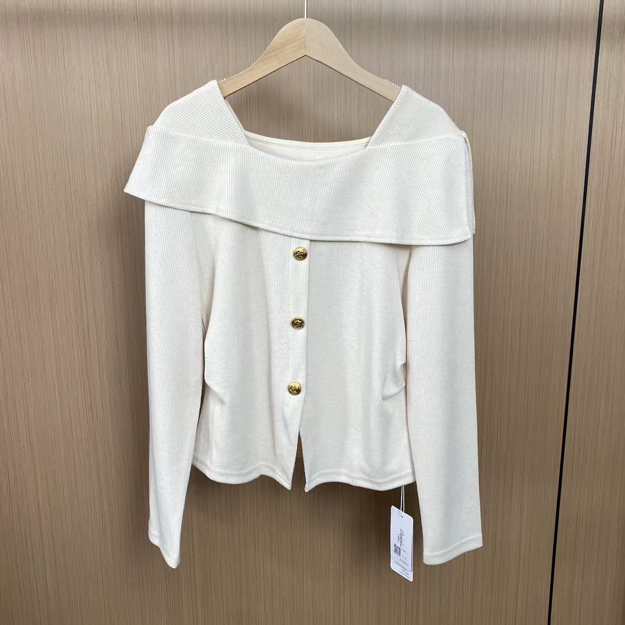 273拼接通勤常规一字领抗皱长袖T恤女士百搭秋季设计师