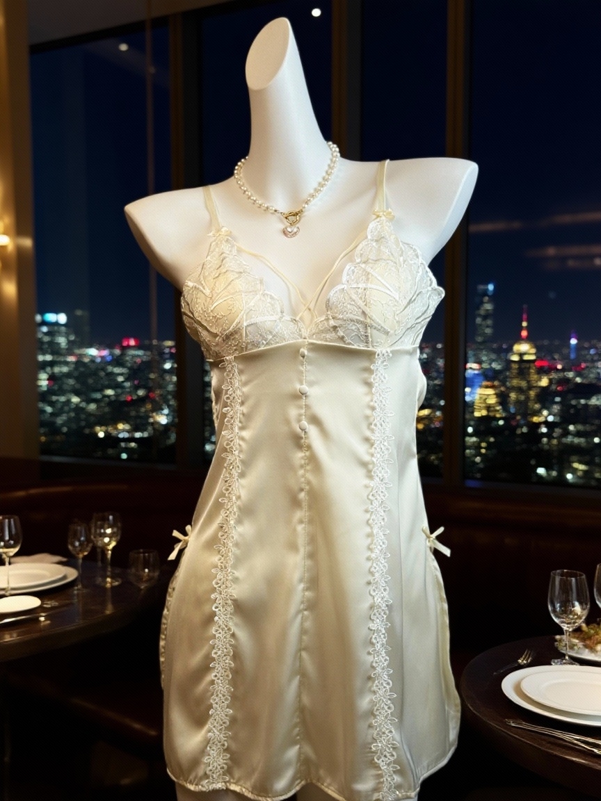 VenusLuxe【奶油蕾丝】蕾丝拼接吊带睡裙露背带胸垫宫廷纯欲风
