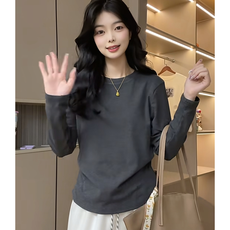 秋冬圆领磨毛加绒打底衫女收腰长袖T恤弧形下摆不规则内搭小上衣