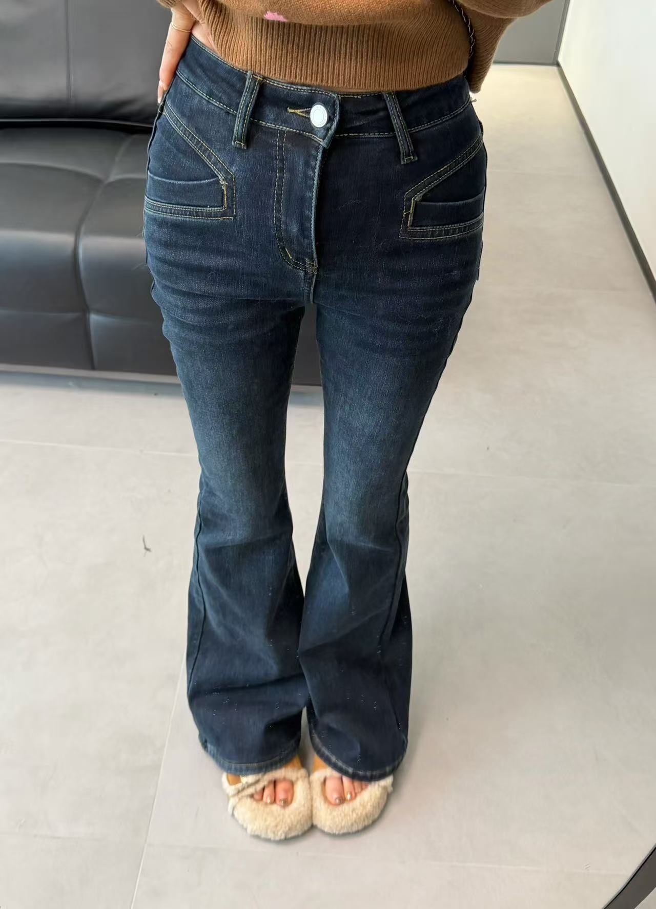 简衣 冬季百搭蓝色植绒显瘦微喇裤9787