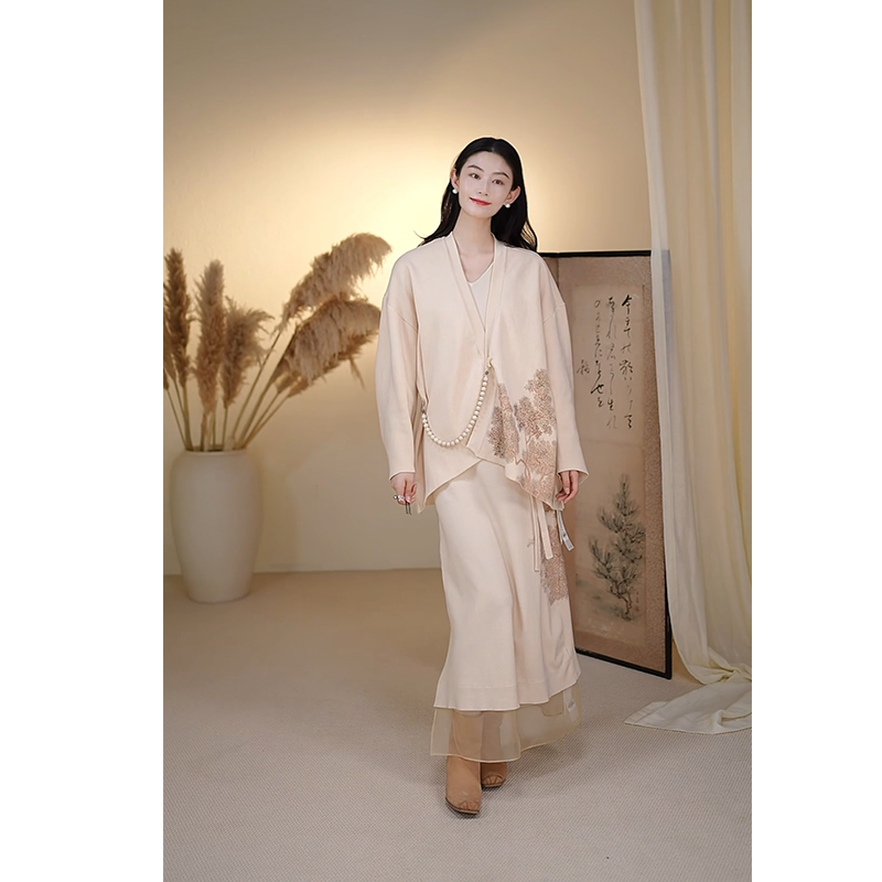 泊风ozen【月上柳梢】设计师原创汉服针织印花开衫背心裙