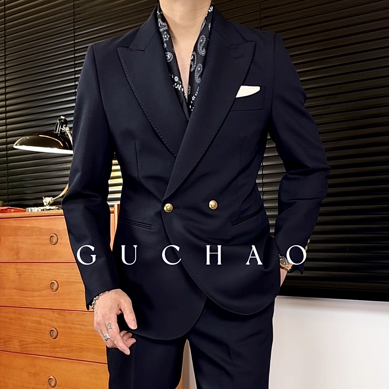【Gc-古潮】--上新-英伦金属布雷泽男士双排戗驳领商务休闲西装套装