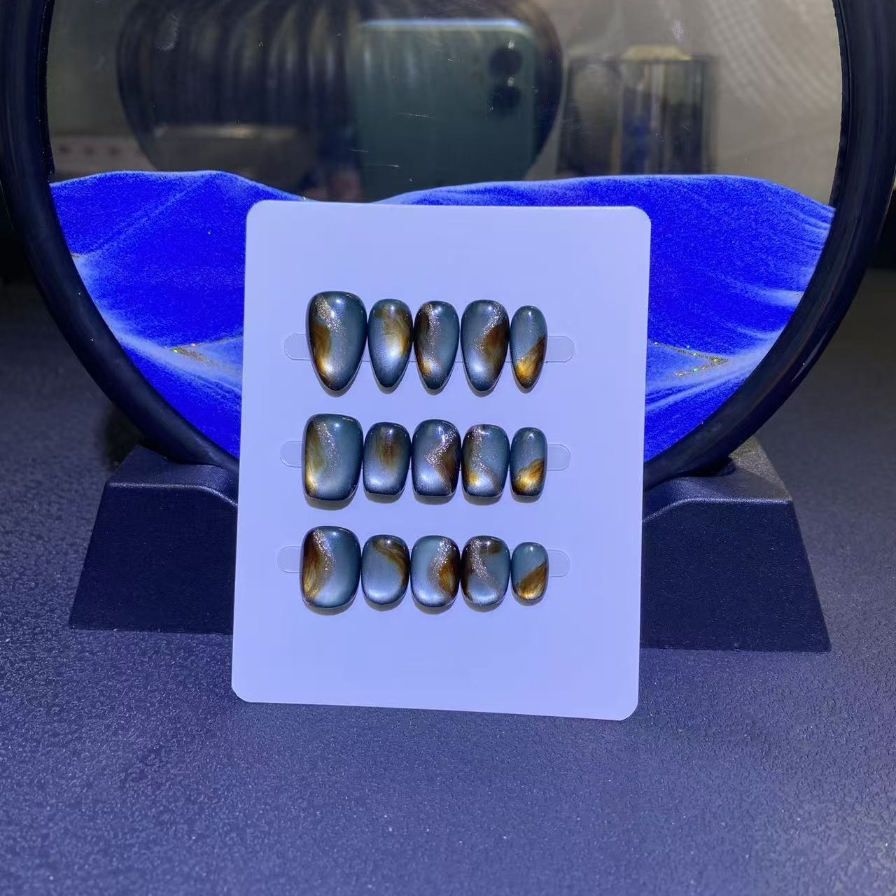 【青金澜影】秋冬新款复古显白猫眼法式手工穿戴甲气质高级感