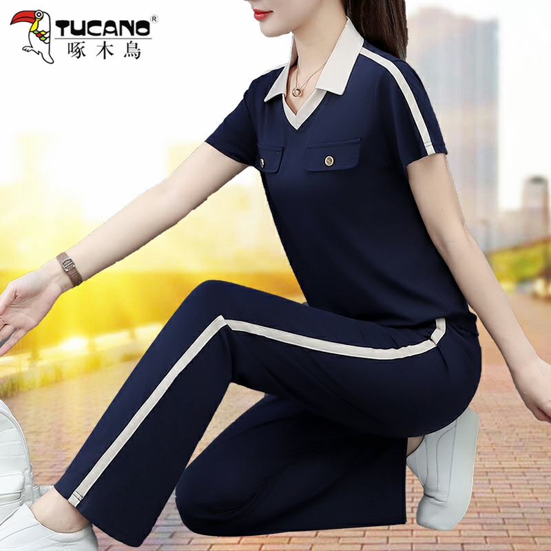 啄木鸟运动套装女新款2025夏季薄款短袖洋气减龄显瘦妈妈装两件套