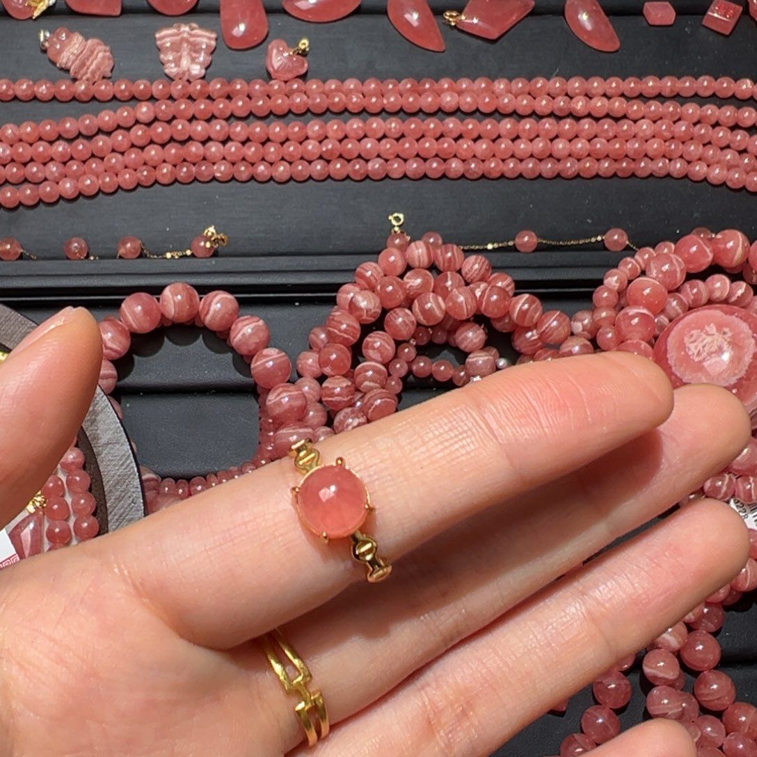 向***)菱锰矿（红纹石）银S925镀金镶嵌手绳