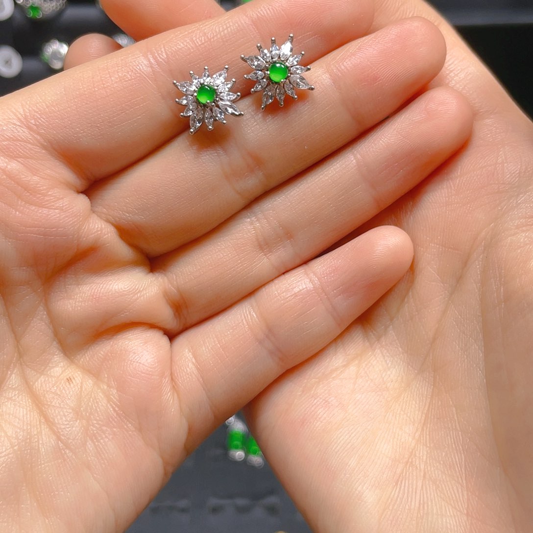 翡翠戒指银S925镶嵌耳钉