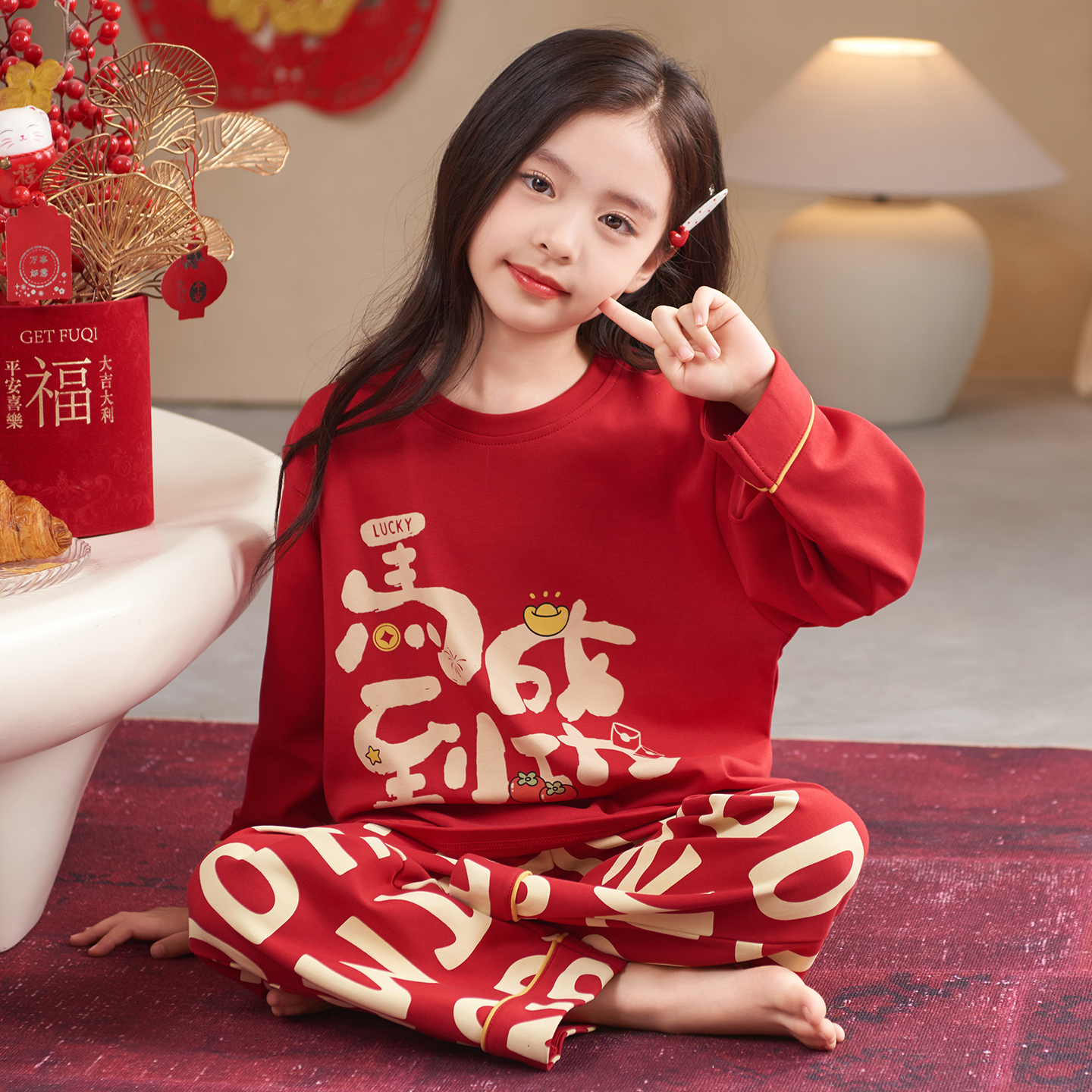 bejirog/北极绒休闲新春款女童中大童纯棉圆领睡衣长袖长裤两件套