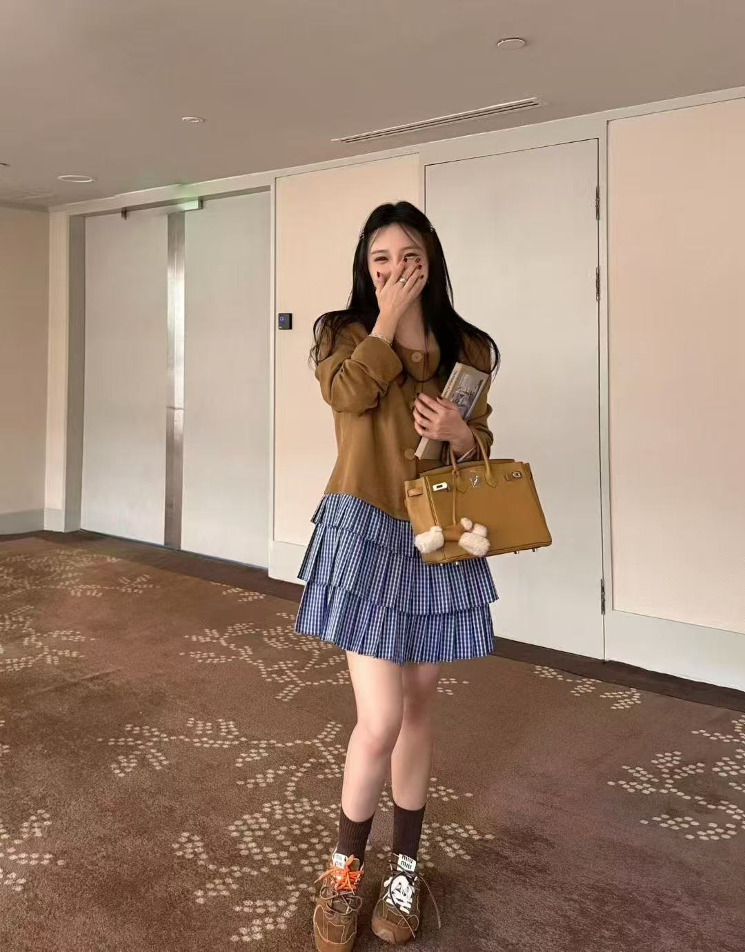 早秋miu系女孩西服拼接蛋糕格子裙 