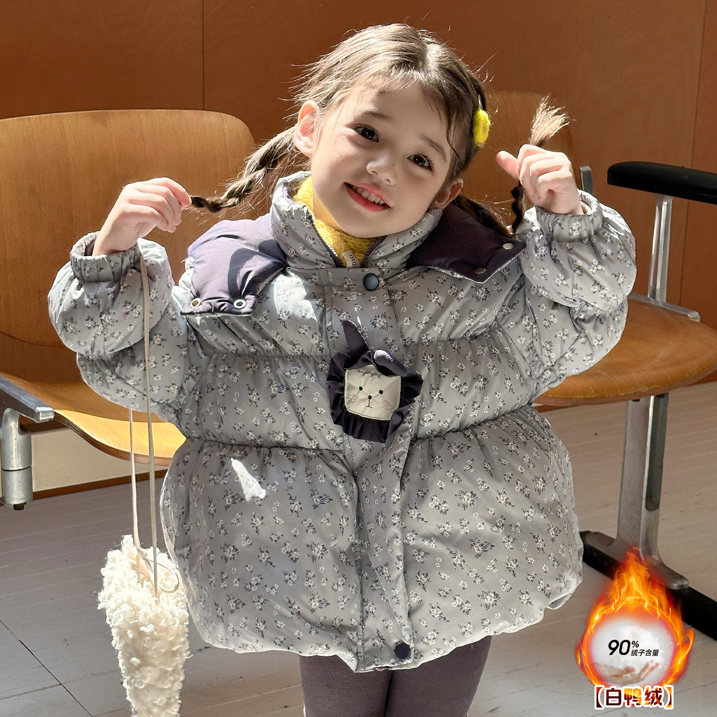 三防2025冬季新款女儿童90白鸭绒中长款羽绒服女小童连帽假一罚十