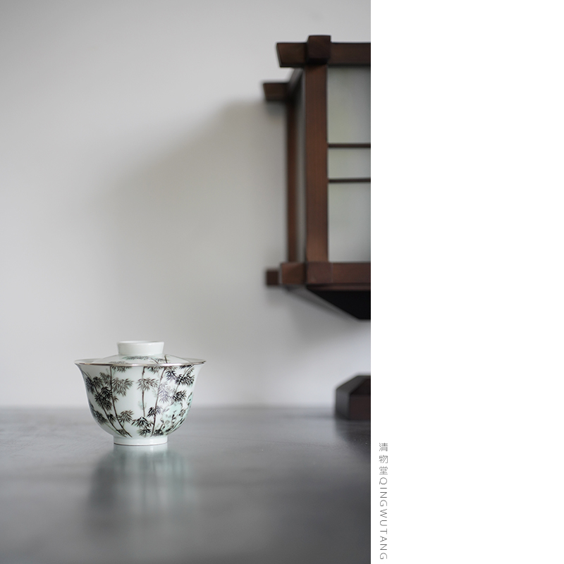 清物堂 2023年亦云斋手绘粉彩寿石墨竹盖碗双圈银口瓷泡茶器140cc