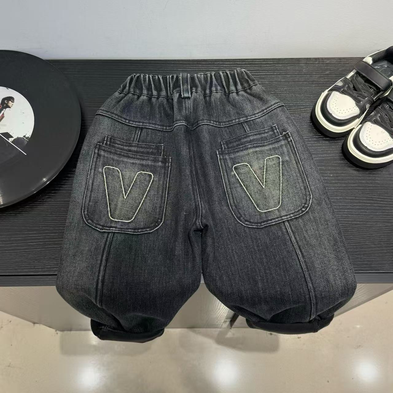 【小鹿弯弯】Q2562男童秋冬季加绒加厚一体绒VV牛仔长裤