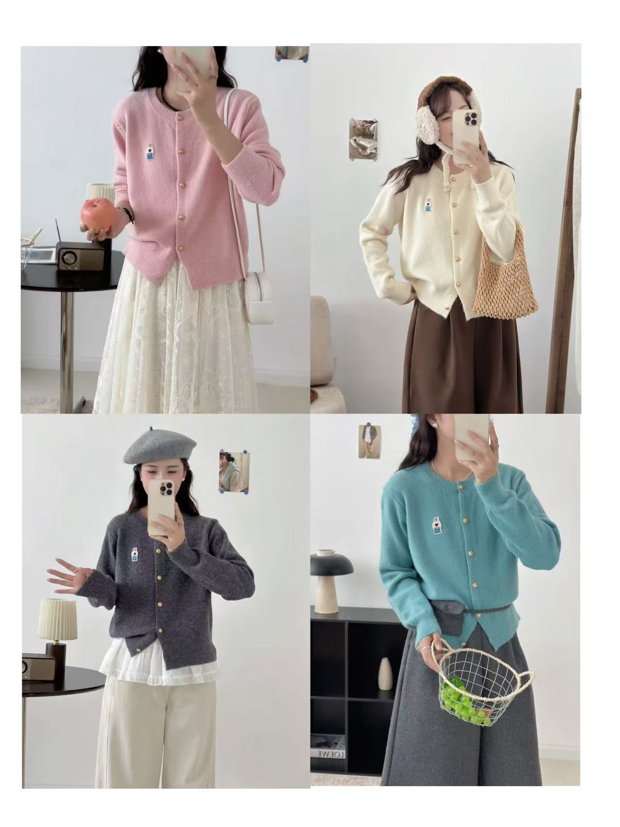 小雅姐姐 秋冬刺绣小熊单排扣圆领针织开衫毛衣KI45