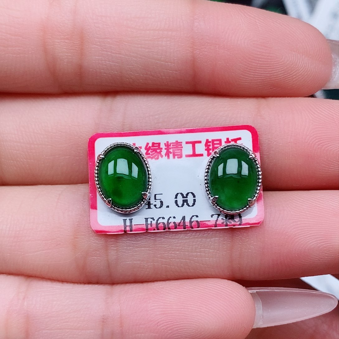 翡翠戒指银S925镶嵌耳钉
