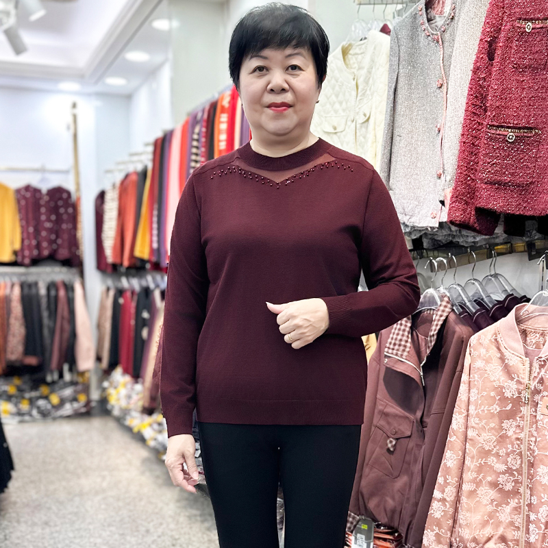 气质妈妈装秋冬长袖针织衫圆领毛衣保暖打底衫中老年女装洋气上衣