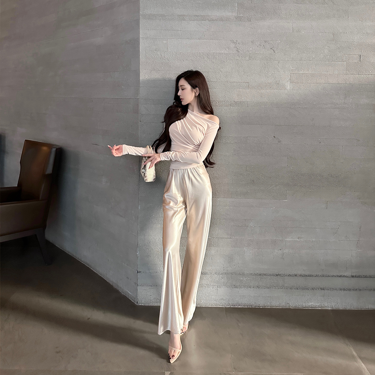 SX善喜3色入高级感醋酸缎面阔腿裤女高腰宽松显瘦气质百搭长裤子