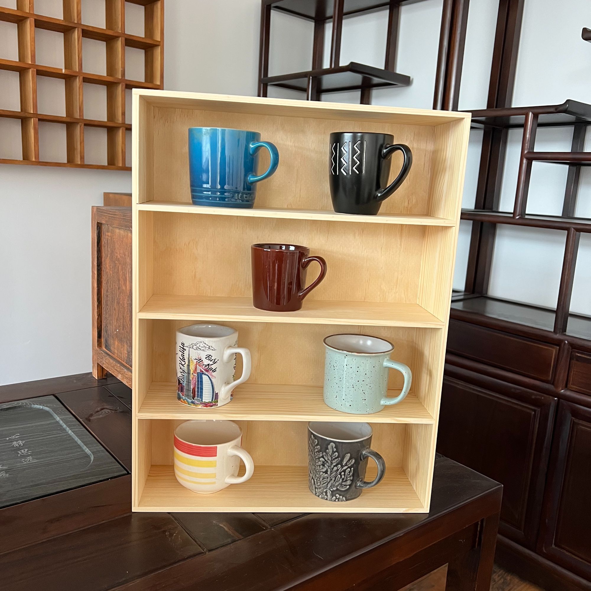 长方形四格松木原木收纳架 茶壶盖碗马克杯展示架