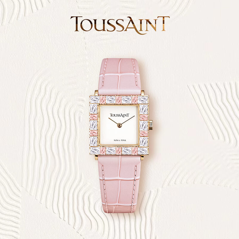 toussaint/杜桑大方糖时尚简约方型镶钻女生手表防水腕表粉色复古