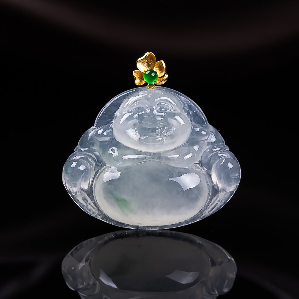天然缅甸翡翠A货18k金冰飘花佛公 尺寸20-25-5.7mm