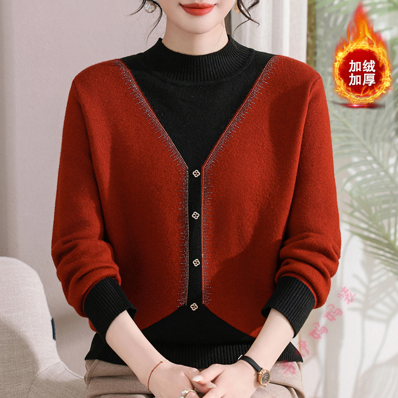 新款时尚妈妈装针织一体绒毛衣中年女加绒加厚洋气小衫秋冬打底衫