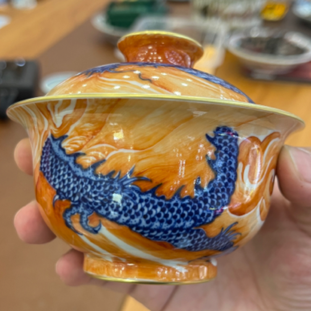 熙工坊陶瓷手绘二才盖碗青花斗彩矾红龙马精神全手工景德镇高温瓷