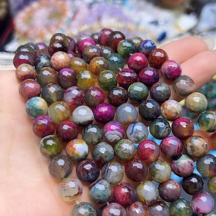 玛瑙/玉髓未镶嵌珠宝半成品T407  10m天然彩绘玛瑙刻面圆珠一条