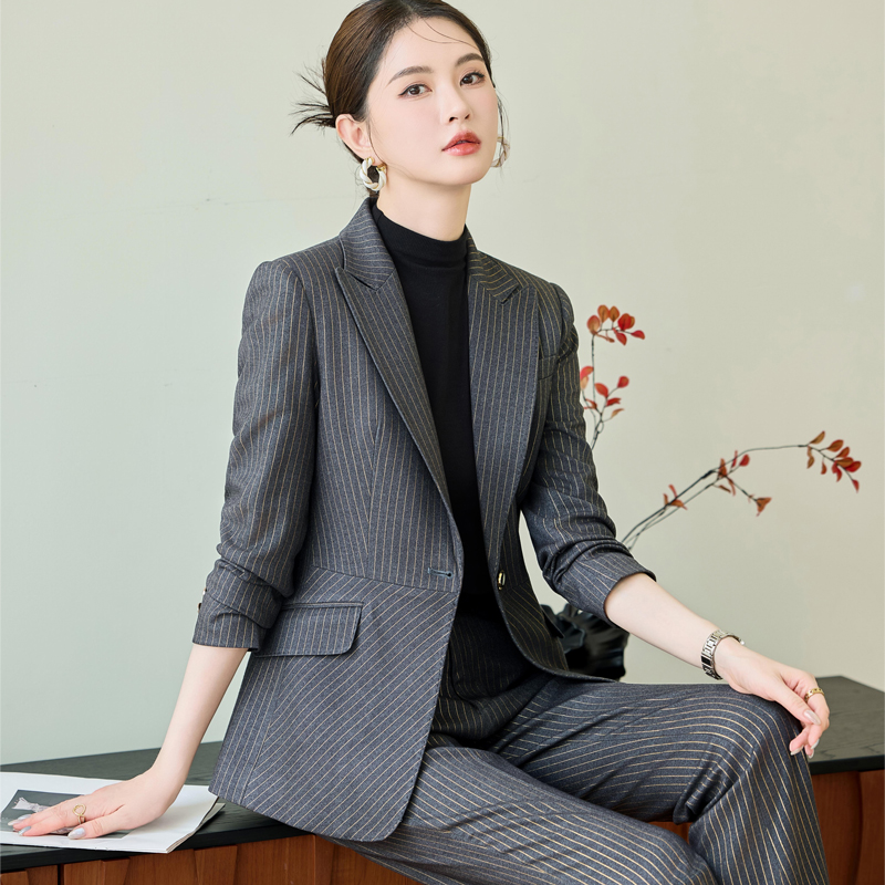 时尚套装女时髦洋气条纹西装正装西服两件套高定轻奢女装套装2591