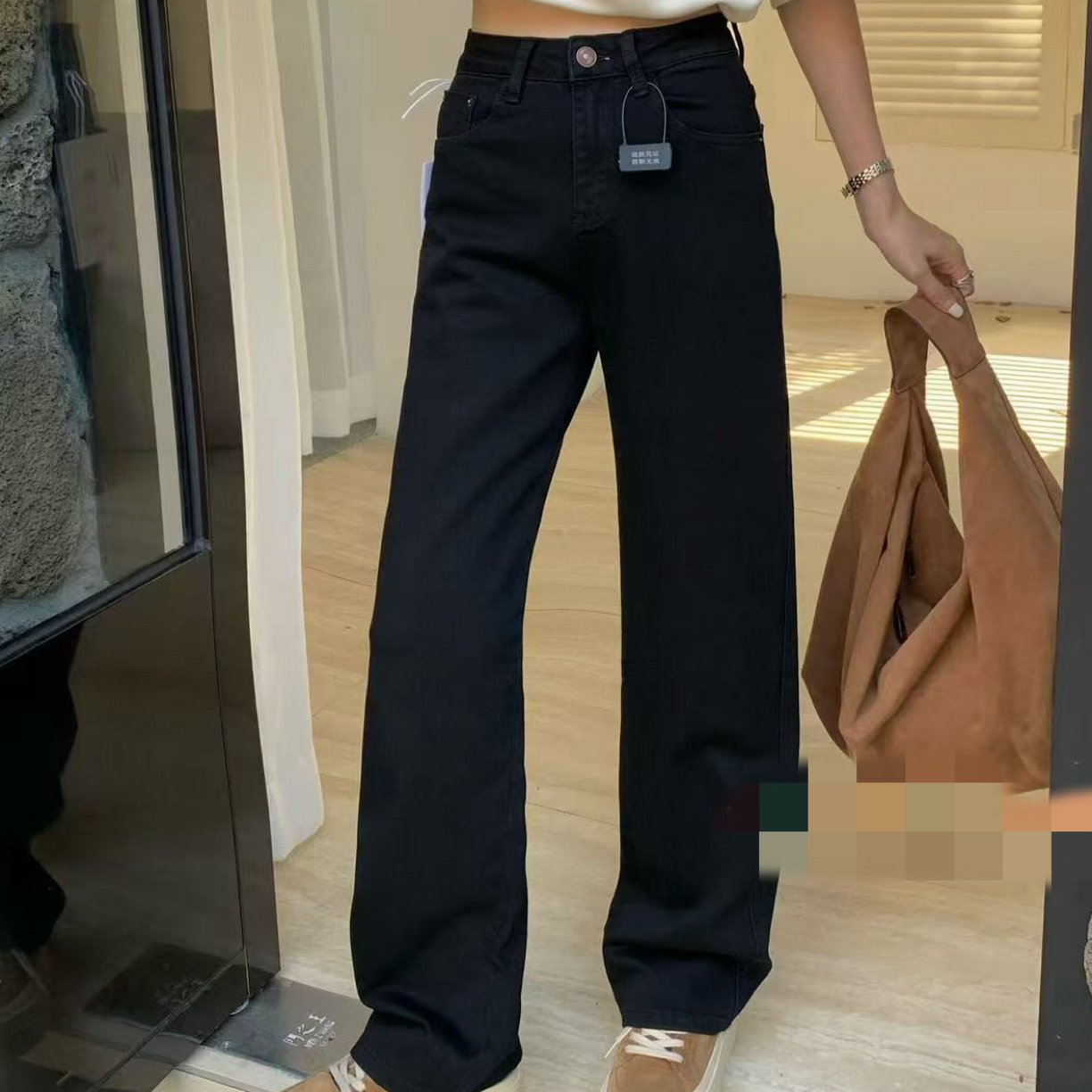 【801】新款高腰加绒显瘦直筒黑色弹力牛仔裤女秋冬加厚阔腿长裤