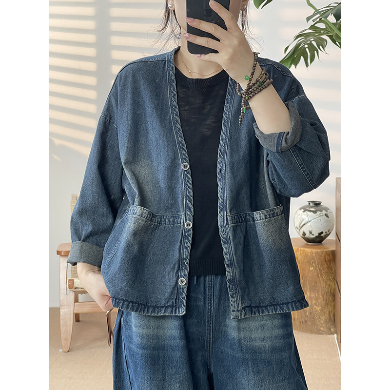 DaoZi/丹丹 复古经典时尚V领牛仔大口袋外套 3538