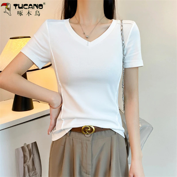 【啄木鳥】95棉V领鱼骨正肩短袖t恤修身打底衫内搭显瘦上衣低领