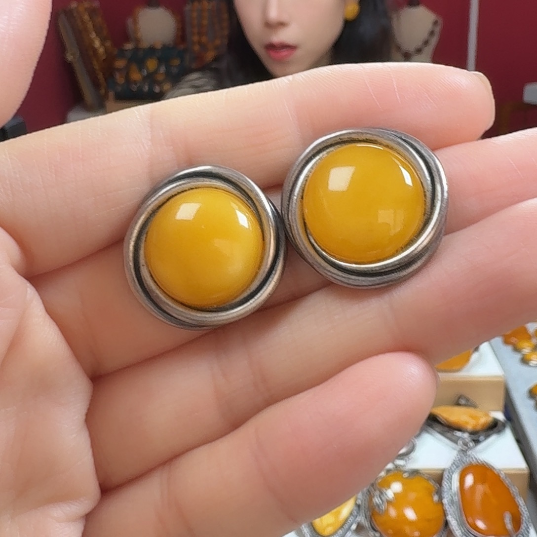 蜜蜡银S925镶嵌耳饰耳钉