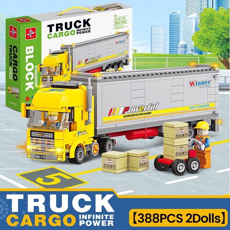 新品城市积木模型系列重型运输半挂式牵引货柜集装箱车拼装益智玩