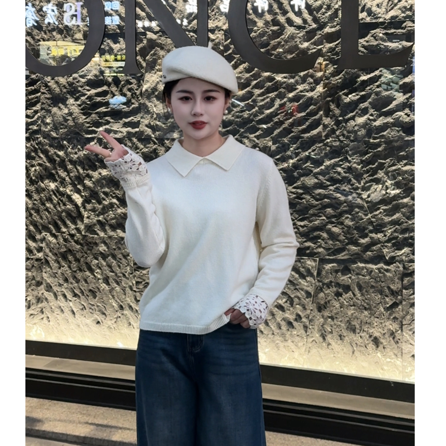 MY【钩花袖翻领】冬季新款法式复古拼接钩花袖翻领毛衣慵懒风针织衫